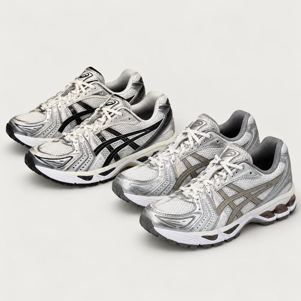 Two ASICS running sneaker colourways in a light studio setting
